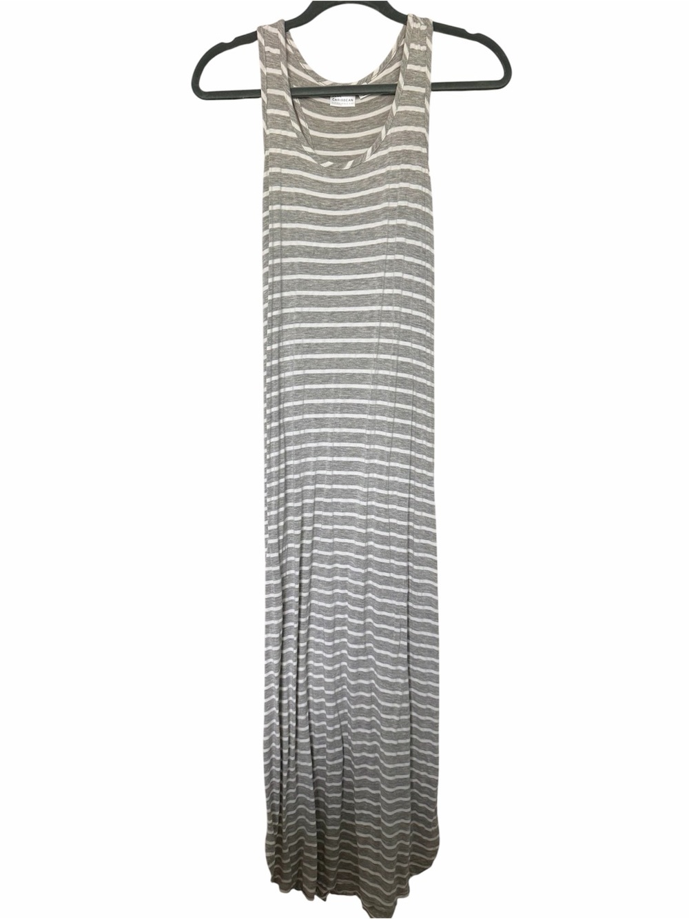 Blue Caribbean Sleeveless Gray and White Striped Maxi Dress